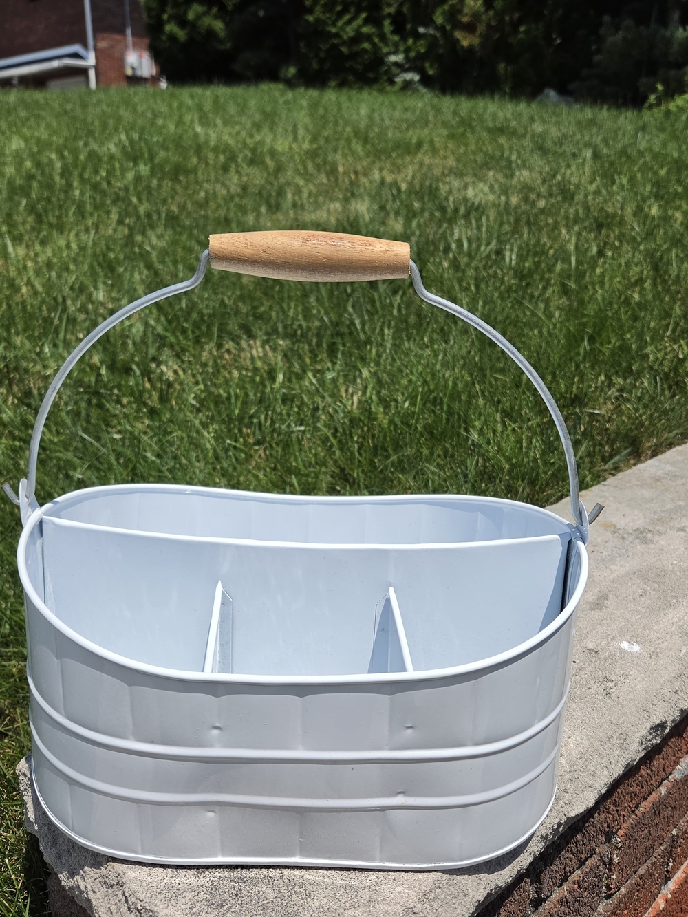 Versatile White Metal Serving Caddy with Wooden Handle